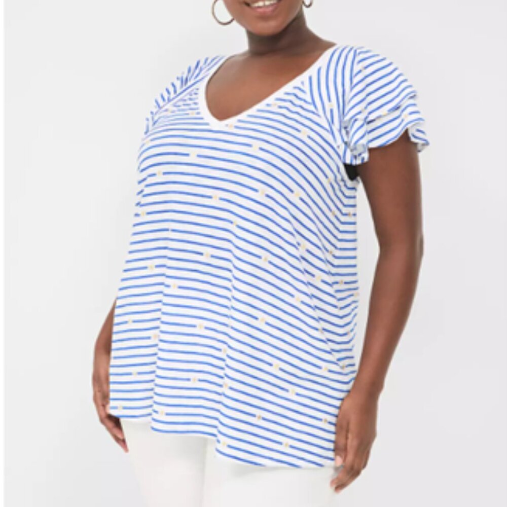 LANE BRYANT UEC Womens Size 14/16 Blue White Striped Gold Star Flutter Tee - Picture 1 of 12